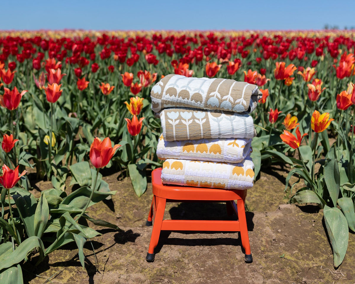 Stack of blankets in a tulip field.