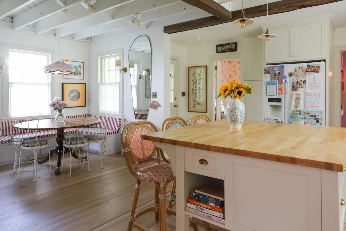 Kitchen with white ceiling fixtures.