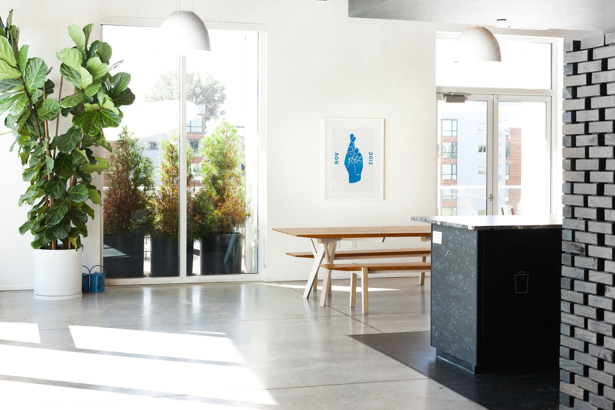 Sunlit modern dining area with wooden picnic-style table and bench, large potted fiddle-leaf fig by floor-to-ceiling windows and framed blue print on white wall