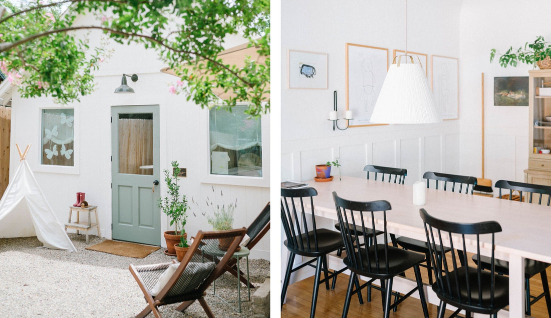 Courtyard and dining room: white cottage with sage door, teepee and lounge chairs; bright table with black chairs