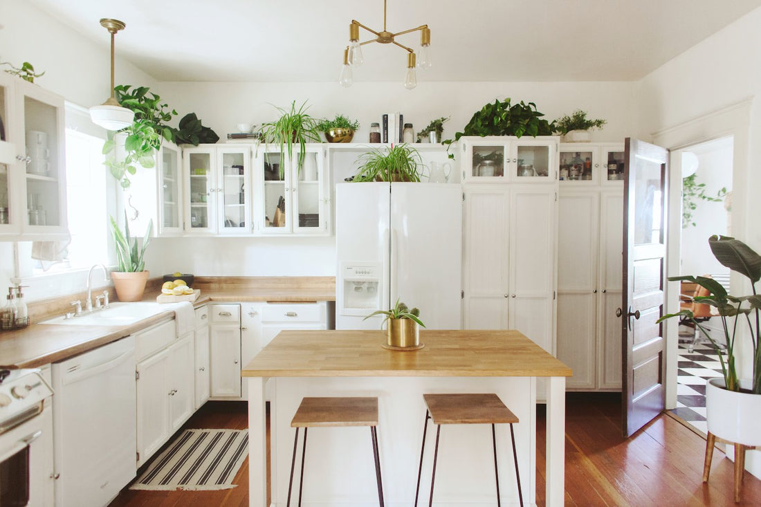 Bright white kitchen with wood countertops and center island, plants on top of cabinets, and an open door to the next room