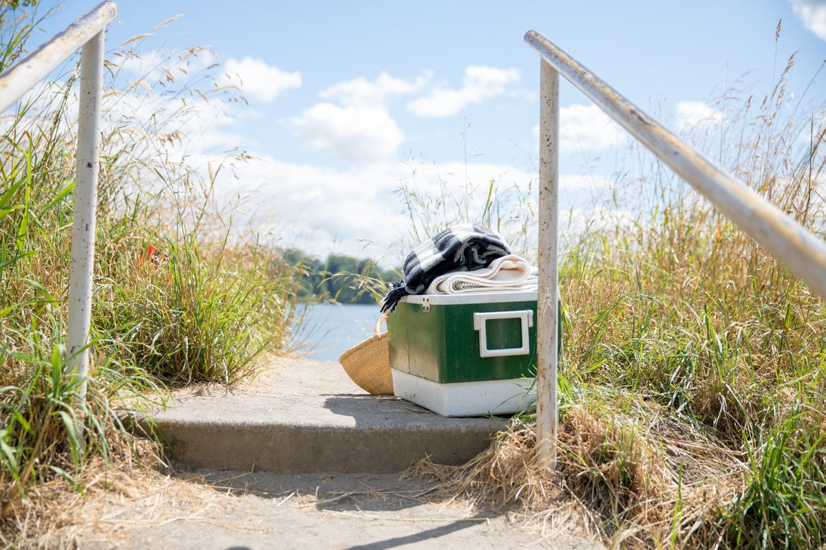 Green cooler and straw hat sitting on a concrete path overlooking a lake, framed by tall grasses and a blue sky