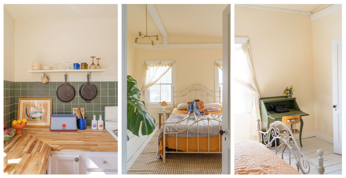 Triptych interior: kitchen with green tile counter; sunlit bedroom with iron bed and orange bedding; green desk, typewriter