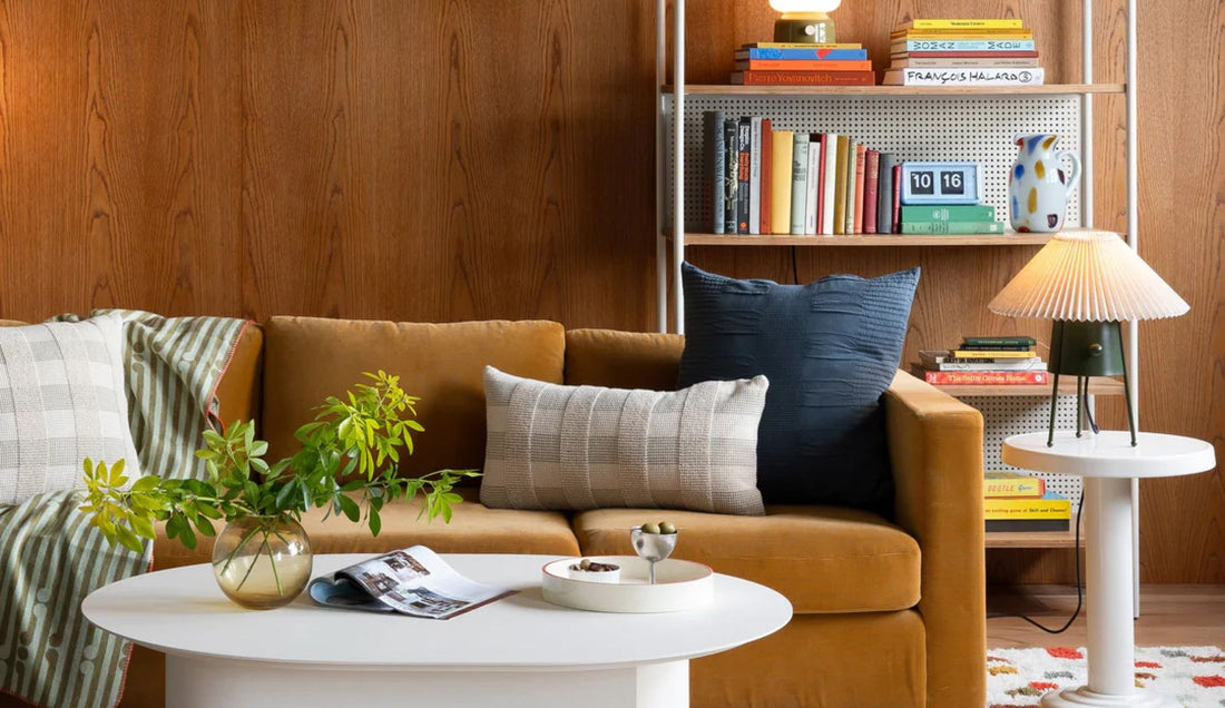 Mustard sofa with modular shelf