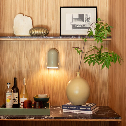 Allegheny Slim Sconce lit on a wood-paneled wall above a marble shelf styled with framed art, pottery, brass accent, and a potted branch