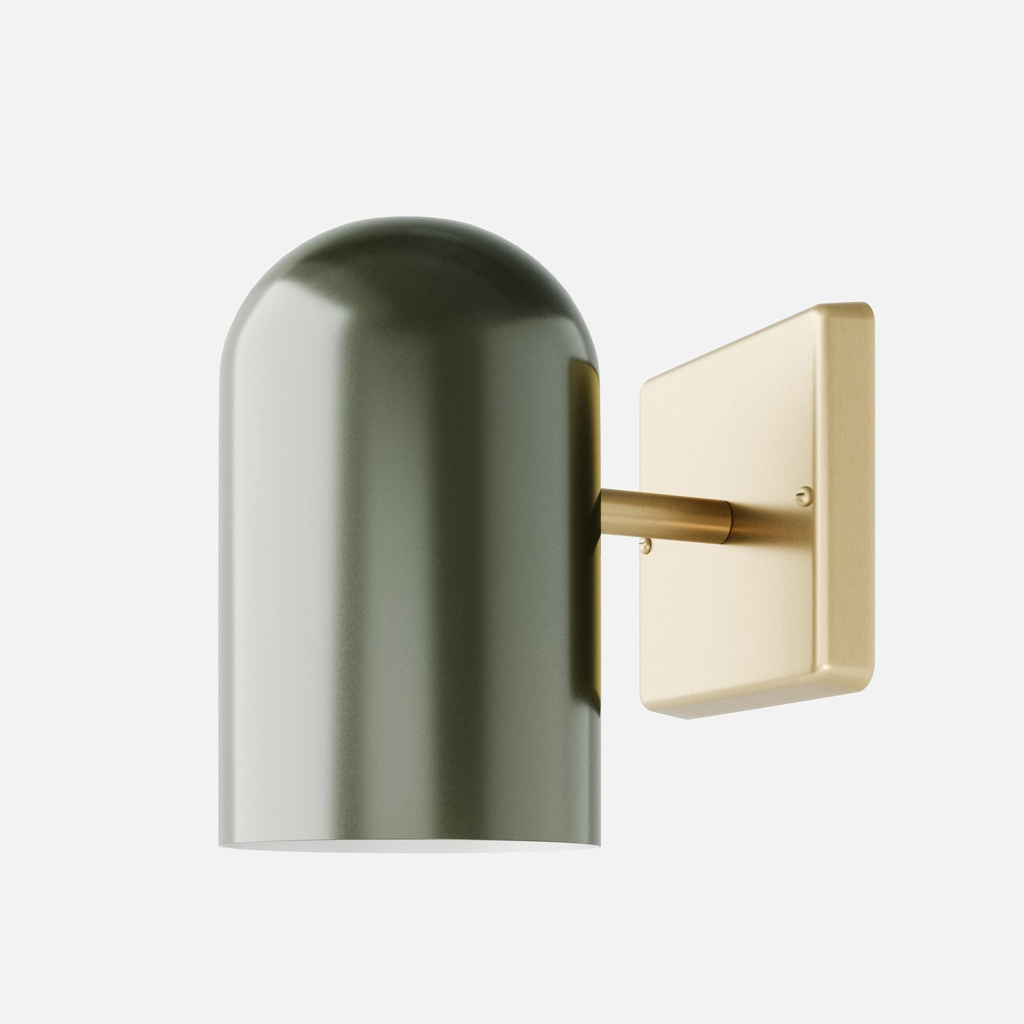 Close-up side view of Allegheny 4.5-inch indoor and outdoor sconce showing olive green cylindrical shade and satin brass wall plate on white background