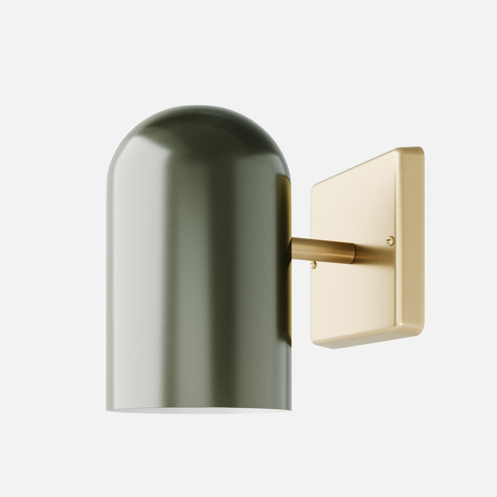 Close-up side view of Allegheny 4.5-inch indoor and outdoor sconce showing olive green cylindrical shade and satin brass wall plate on white background