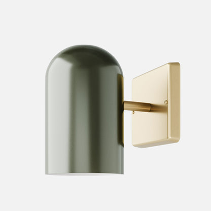 Close-up side view of Allegheny 4.5-inch indoor and outdoor sconce showing olive green cylindrical shade and satin brass wall plate on white background