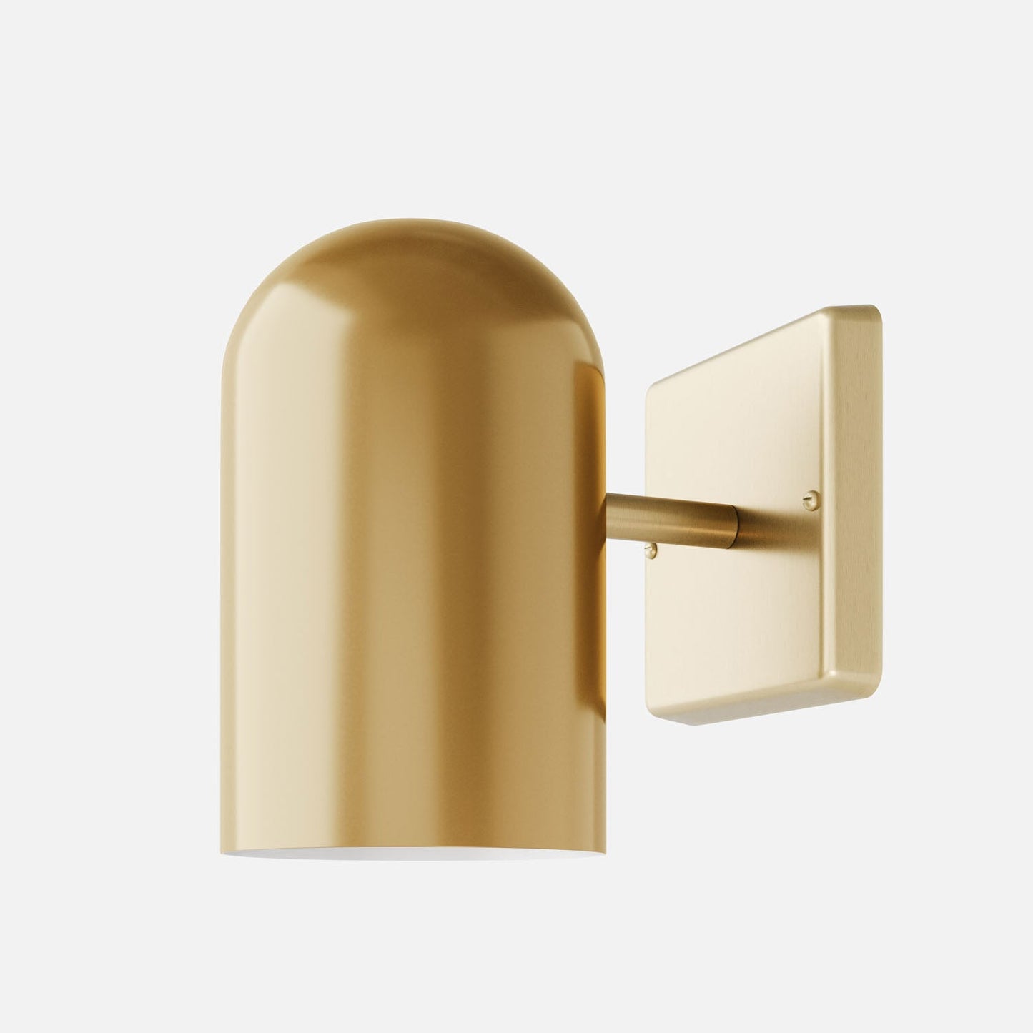 Close-up side view of Allegheny 4.5-inch sconce showing rounded dome shade and square wall plate in brass on white