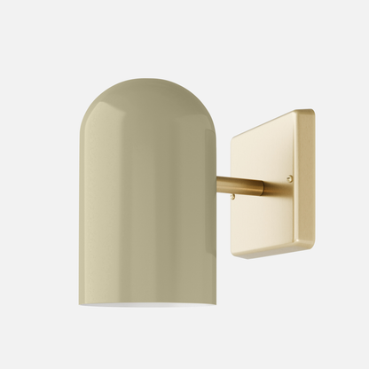 Close-up front view of Allegheny 4.5-inch indoor/outdoor sconce showing rounded shade and brushed brass backplate