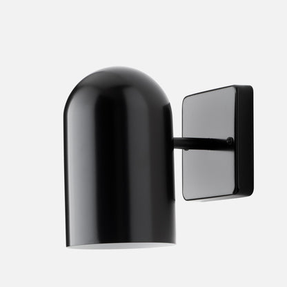 Close-up of Allegheny 4.5-inch sconce showing glossy black cylindrical shade and rectangular wall plate on white background
