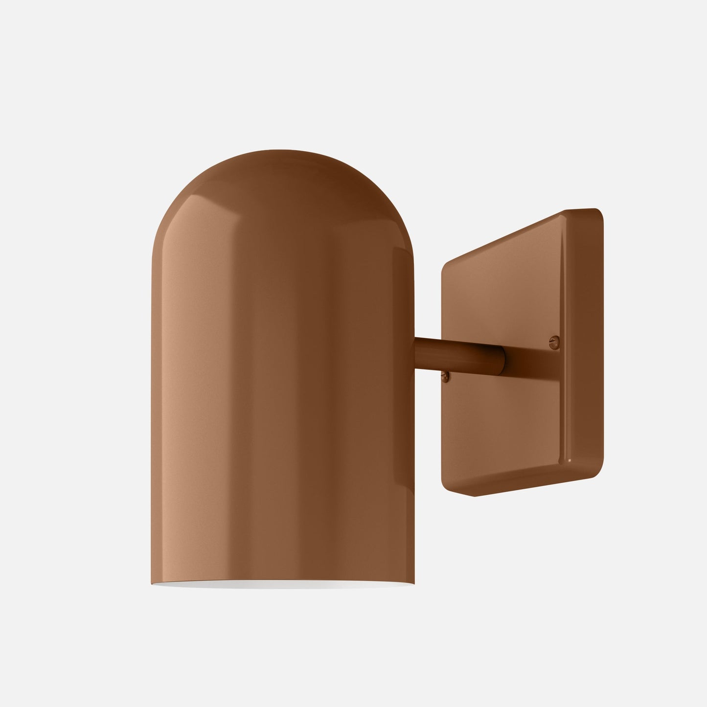 Close-up of Allegheny 4.5-inch indoor/outdoor sconce with rounded dome shade, rectangular backplate and brown finish