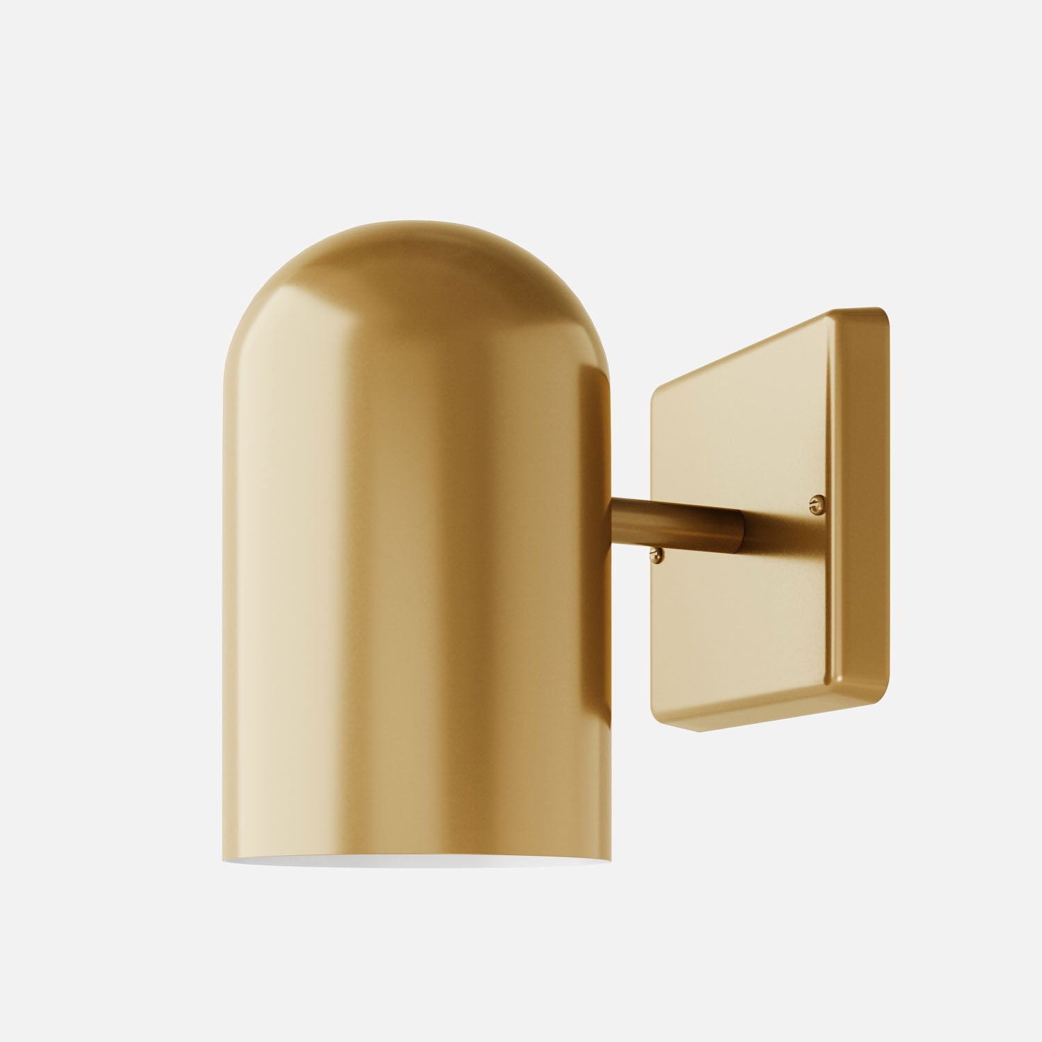 Side close up of Allegheny 4.5 inch indoor outdoor sconce showing cylindrical shade, slim arm, and square backplate on white