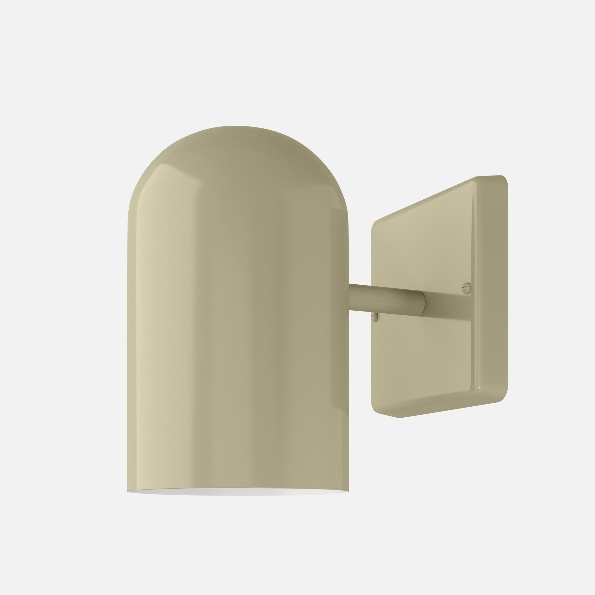 Close-up of Allegheny 4.5” indoor/outdoor sconce showing rounded dome shade, short arm, and rectangular wall plate in matte brass on white background