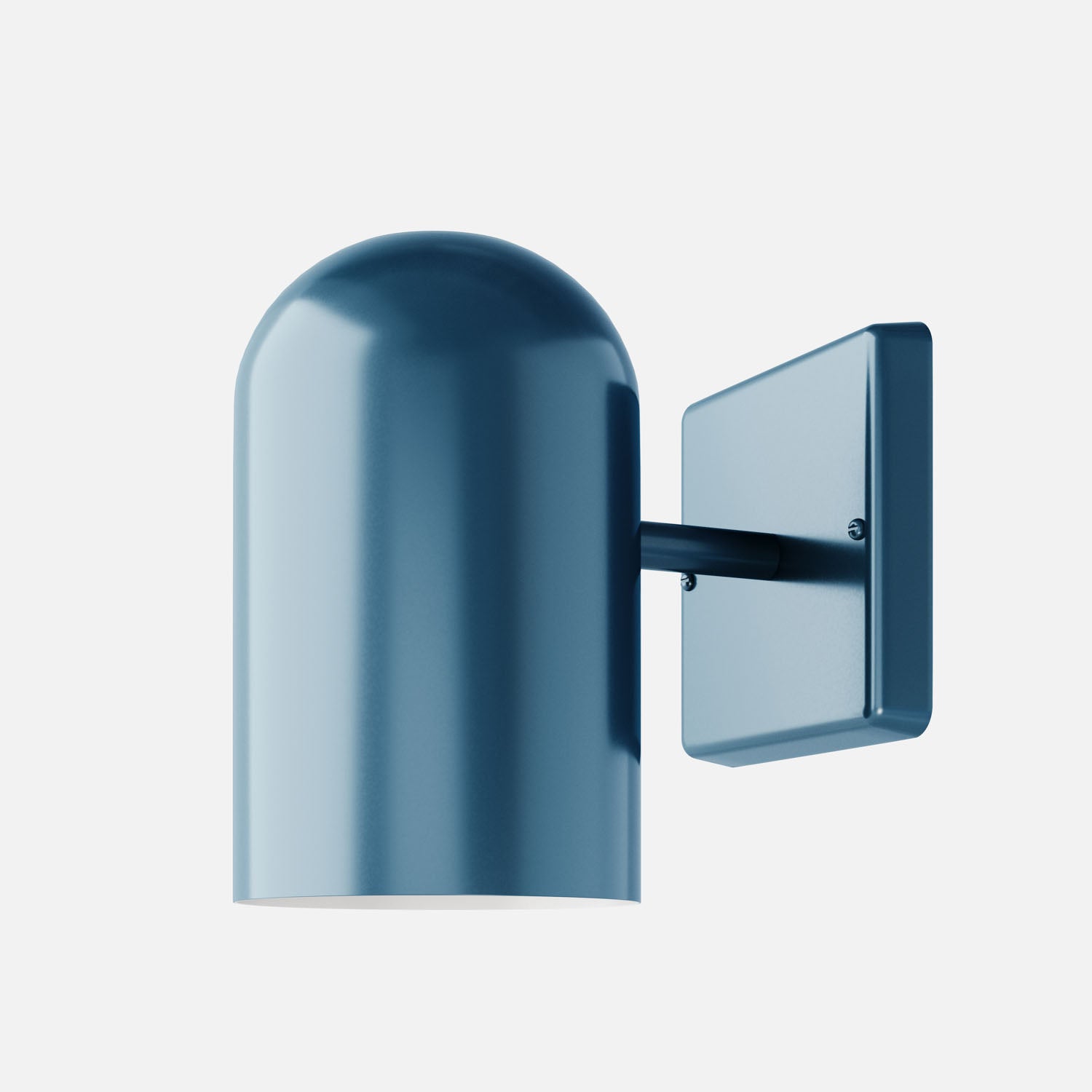 Close-up side view of Allegheny 4.5-inch indoor outdoor sconce with rounded dome shade and square wall plate, blue on white