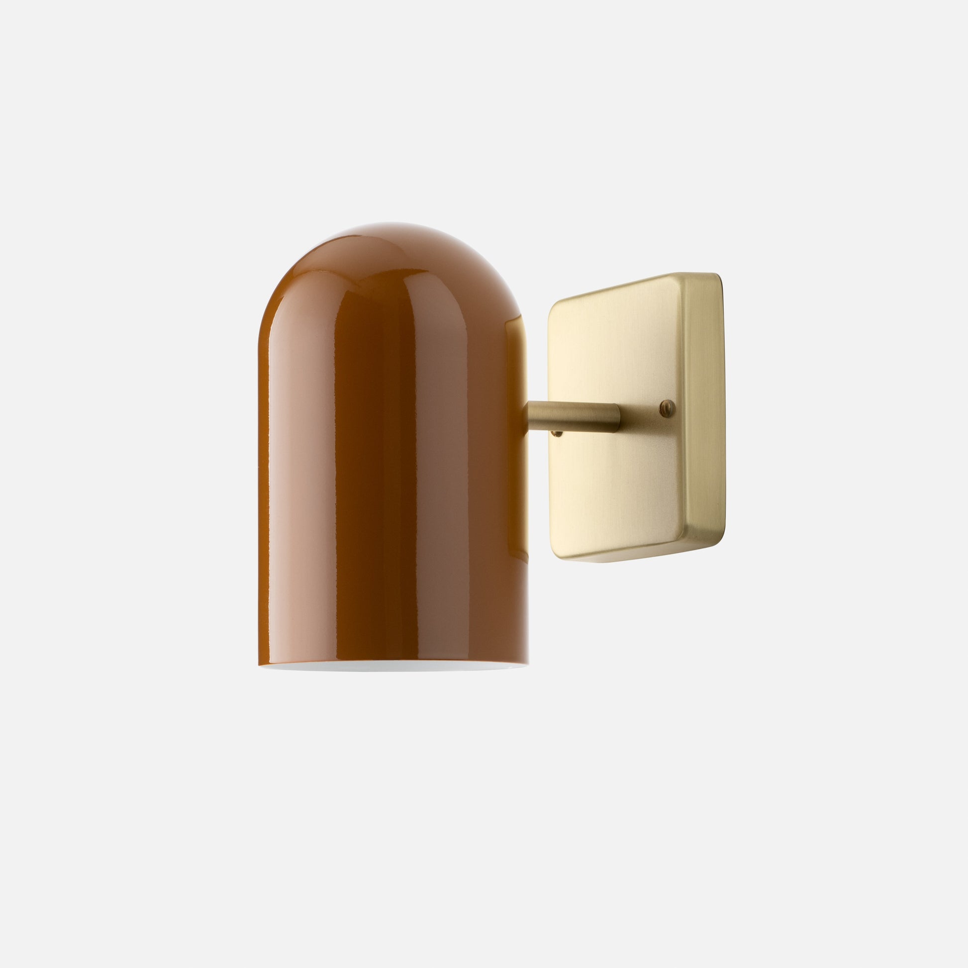 Close-up of Allegheny 4.5-inch indoor/outdoor sconce showing glossy brown shade and satin brass wall plate on light backdrop