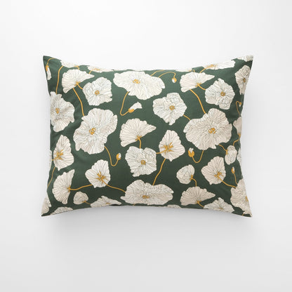 Front view of Blooming Field pillow sham showing white poppies with gold stems on green background, 100% cotton percale
