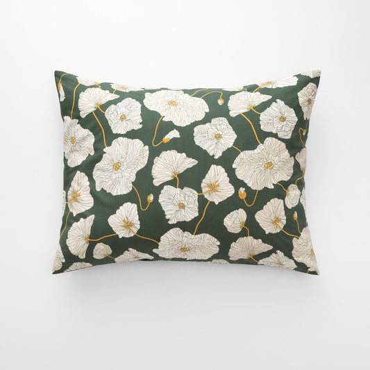 Front view of Blooming Field pillow sham showing white poppies with gold stems on green background, 100% cotton percale