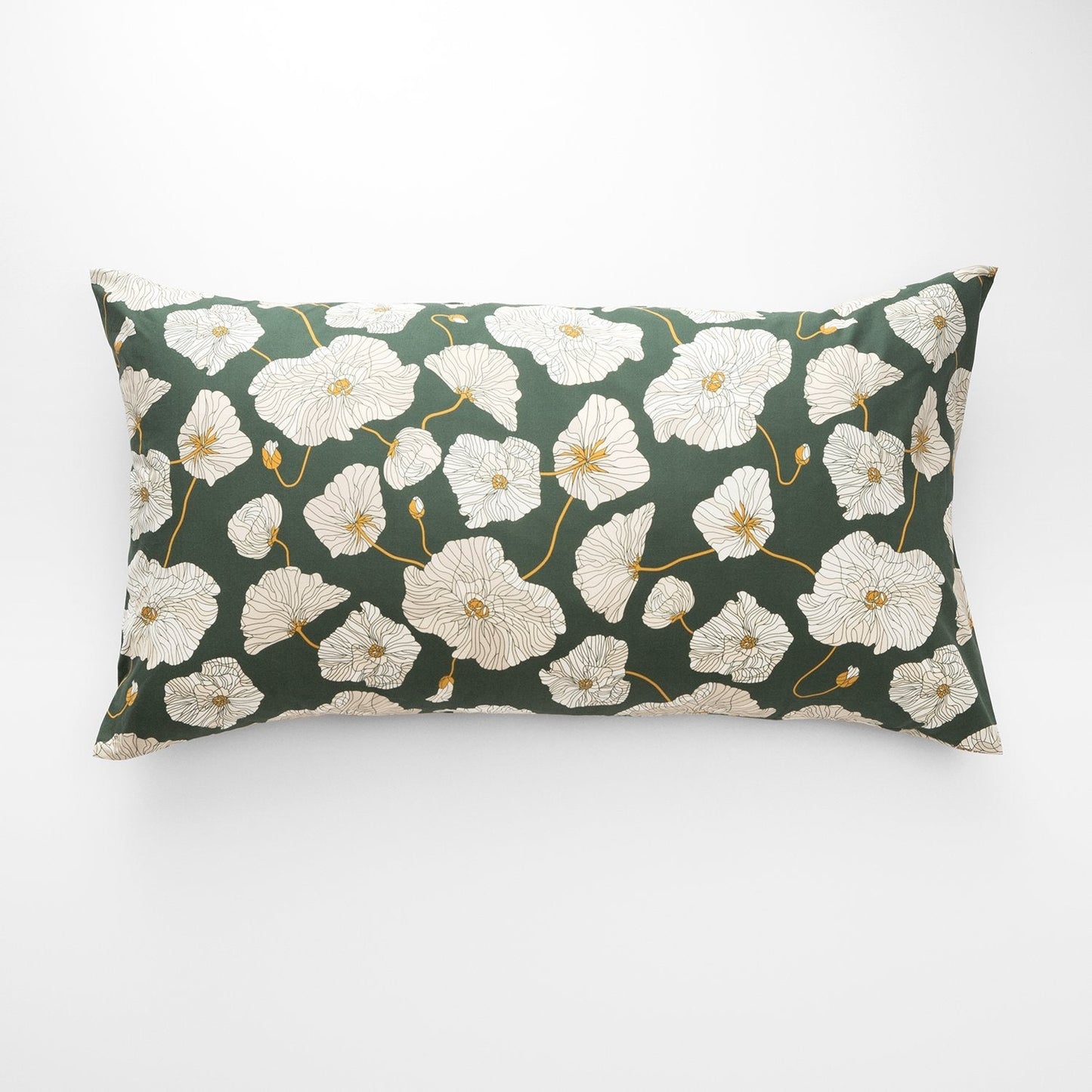 Front view of Blooming Field Pillow Sham showing cream poppy print with gold stems on deep green background