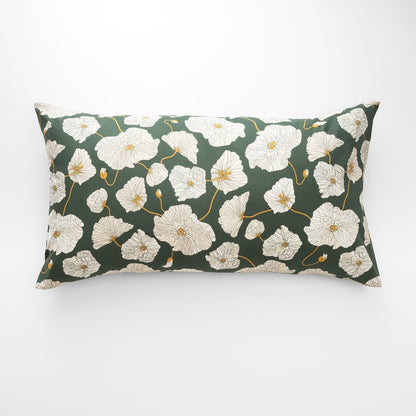 Front view of Blooming Field Pillow Sham showing cream poppy print with gold stems on deep green background