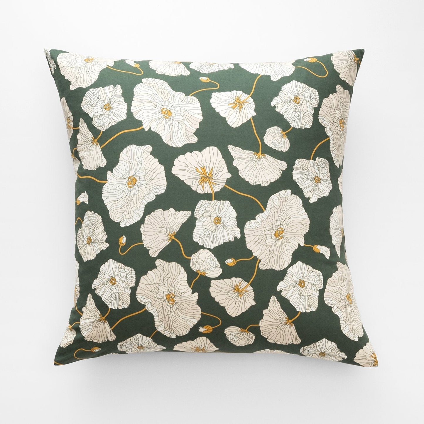 Front view of Blooming Field Pillow Sham showing cream poppy print with mustard stems on a green background