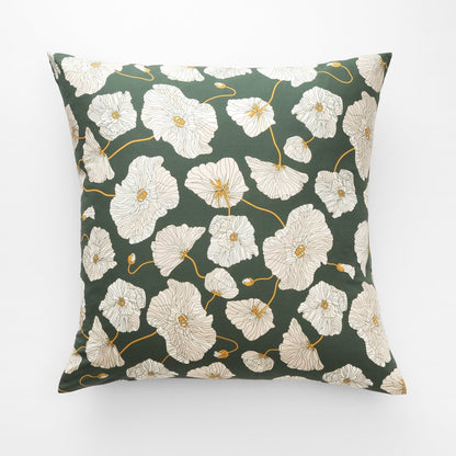 Front view of Blooming Field Pillow Sham showing cream poppy print with mustard stems on a green background