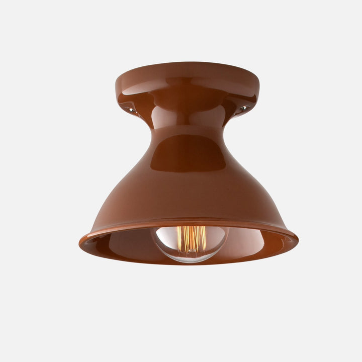 Front view of Alabax Large Flush Mount showing glossy brown tulip-shaped shade and exposed filament bulb on white background