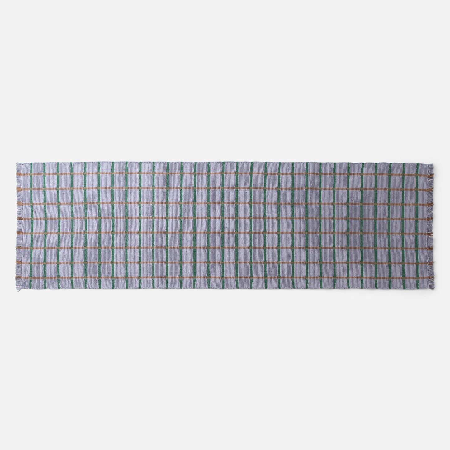 Top view of Cotton Grid Flatweave Rug showing lavender with green and tan grid lines and fringed edges on white background
