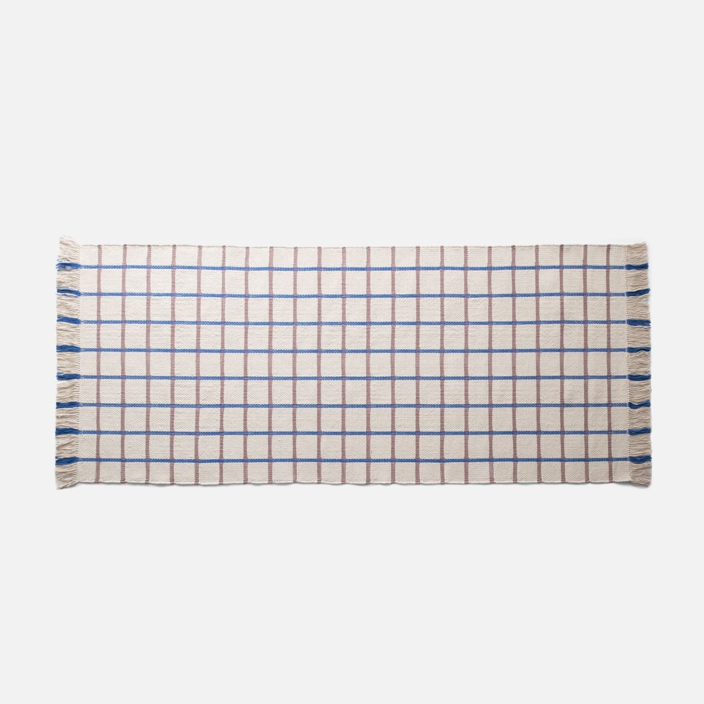 Top-down view of Cotton Grid Flatweave Rug showing blue and brown grid on cream cotton with fringe on short ends