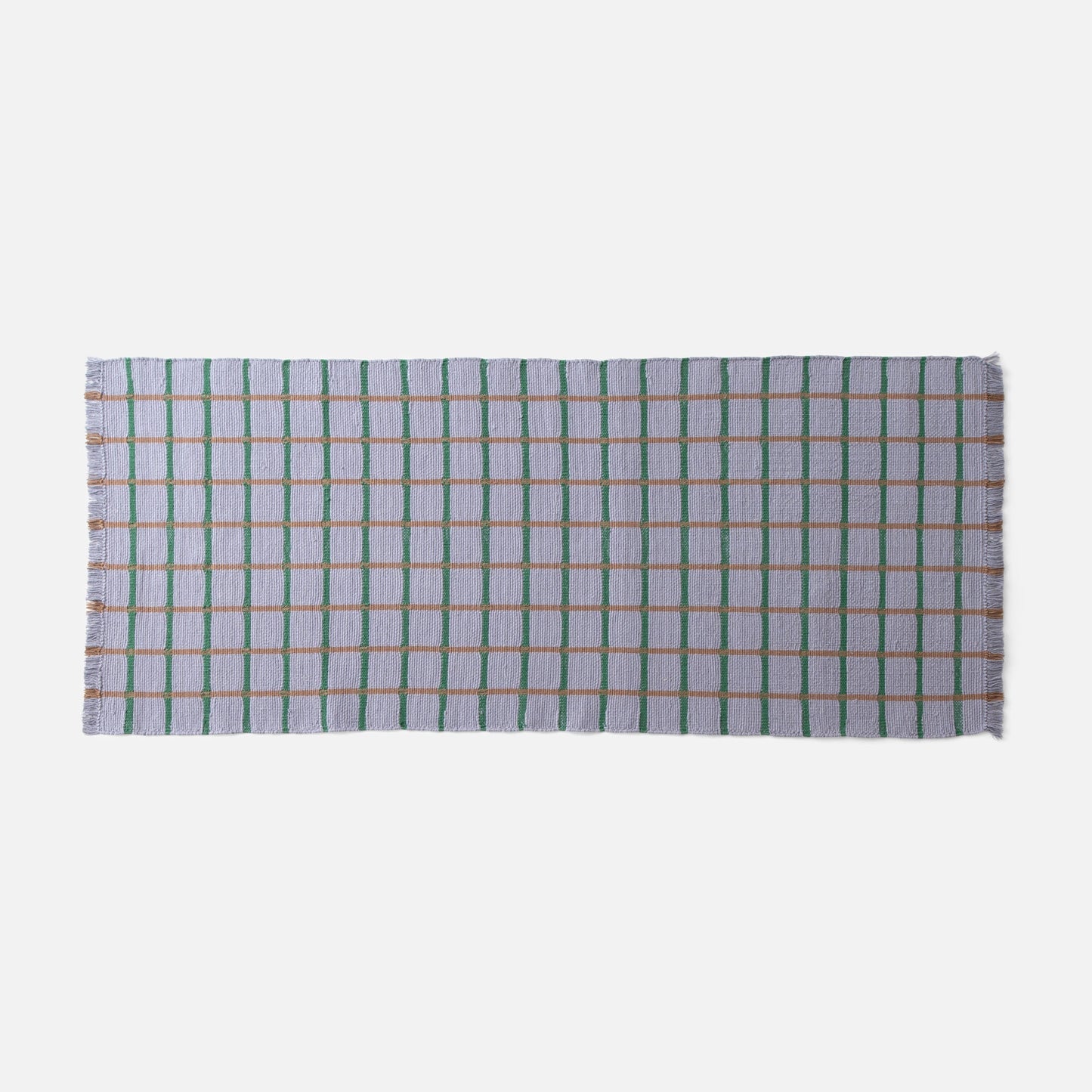Top-down view of Cotton Grid Flatweave Rug showcasing lavender field with green and tan grid lines and fringed edge on white background