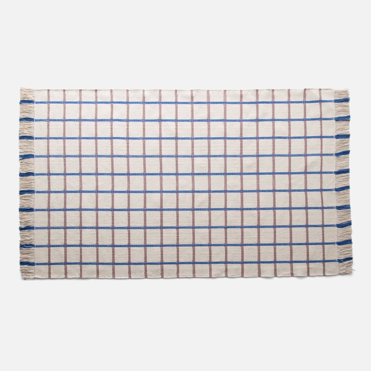 Top view of Cotton Grid Flatweave Rug showing cream field with brown and blue grid and fringed sides on white background