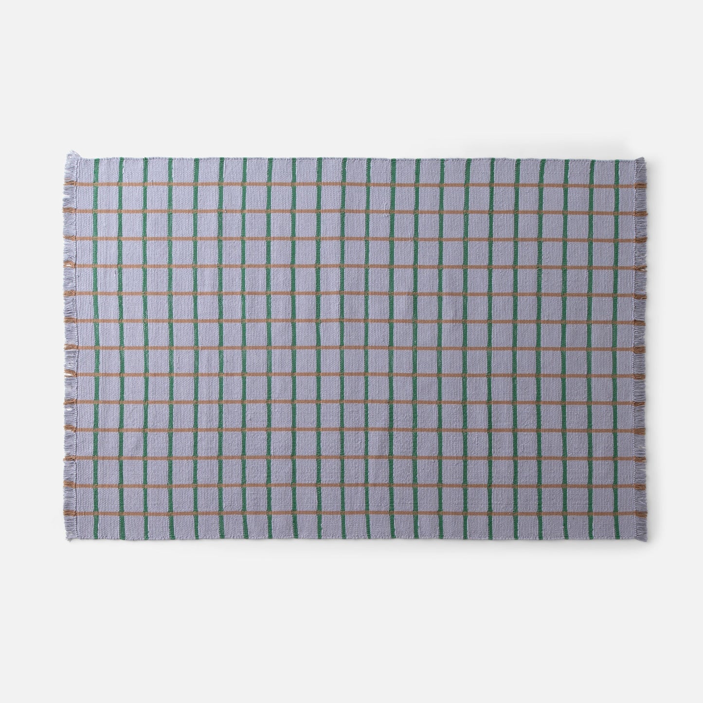 Top view of Cotton Grid Flatweave Rug showing purple background with green vertical and tan horizontal grid lines and fringed edges on white background