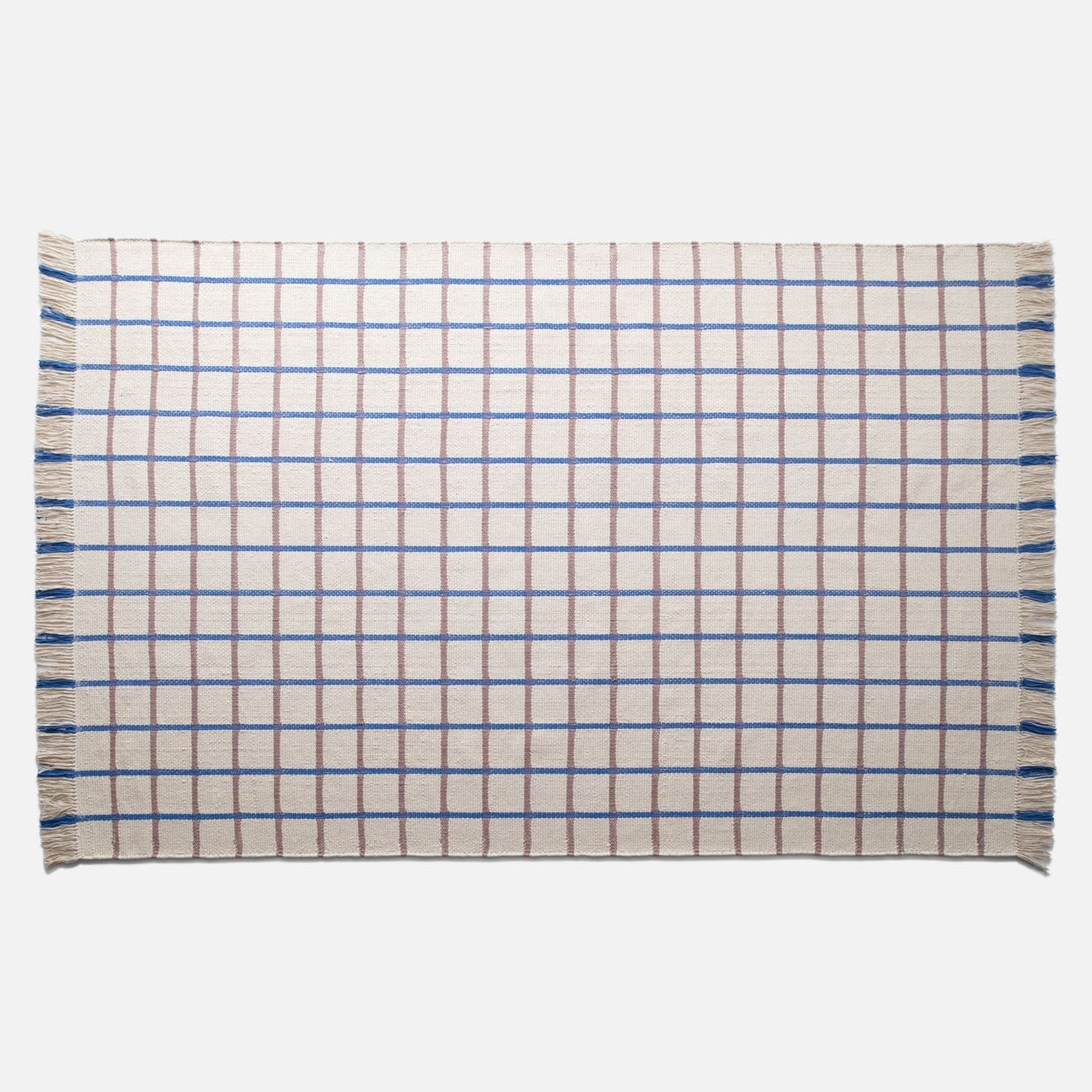 Top-down view of Cotton Grid Flatweave Rug showcasing large grid pattern and fringed short edges on white background