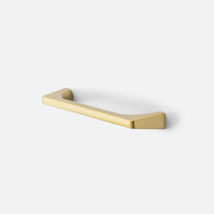 Angled front view of Truss Pull showcasing tapered ends and refined exterior angles in natural brass on white background