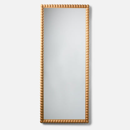 Front view of Bobbin Mirror 28 inch x 68 inch showcasing ash wood beaded frame against a light gray background