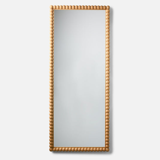 Front view of Bobbin Mirror 28 inch x 68 inch showcasing ash wood beaded frame against a light gray background