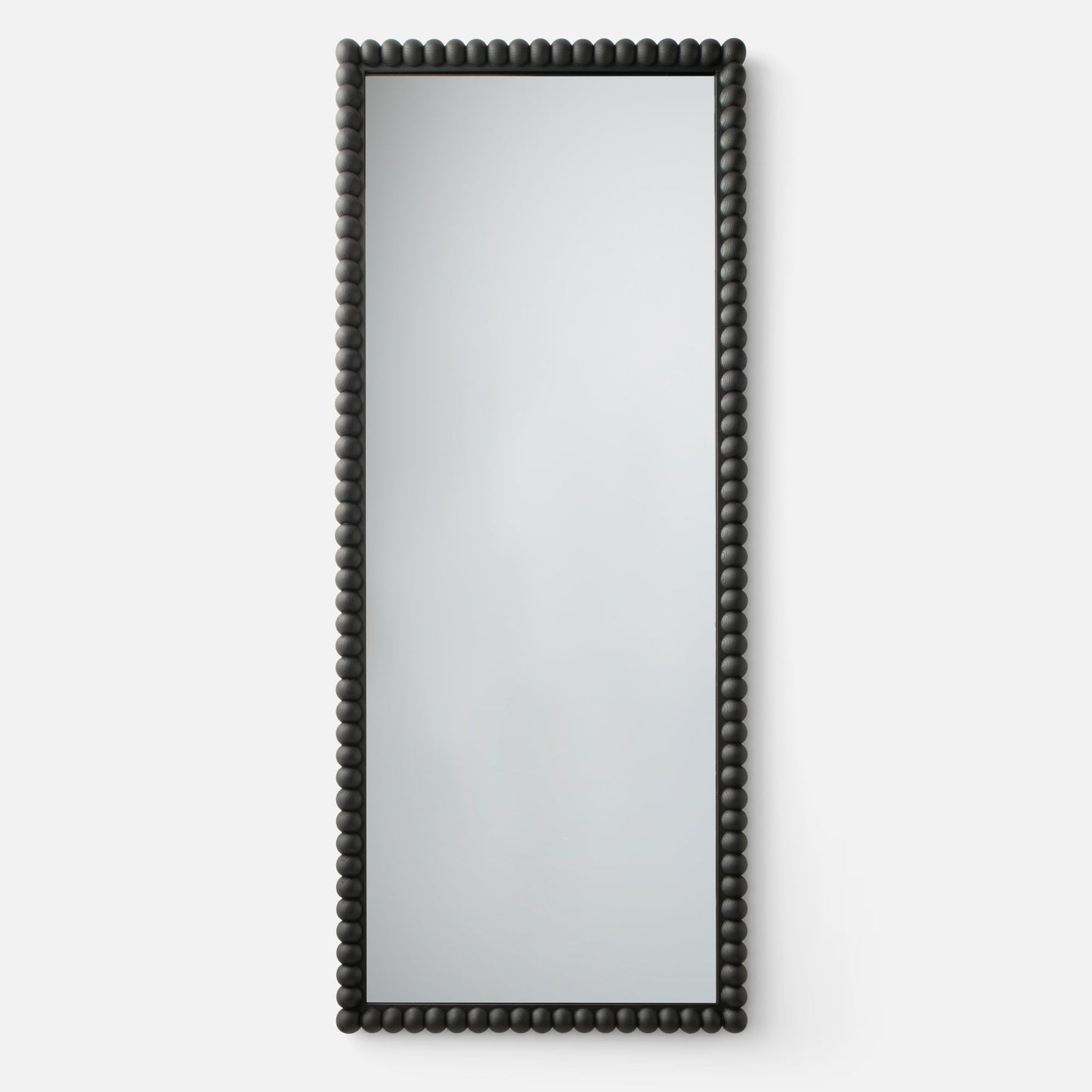 Front view of Bobbin mirror showcasing black beaded wood frame with white studio background