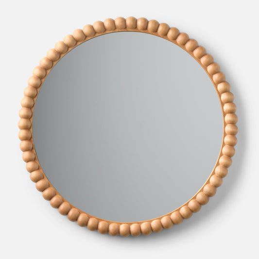 Front view of Bobbin Mirror showcasing ash beaded wood frame and 30 inch round mirrored glass on light gray background