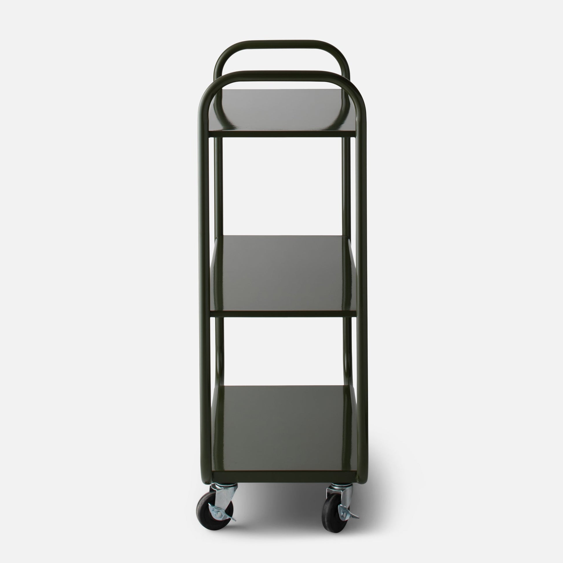 Front view of Miller Storage Cart in Alder Gloss with three shelves, tubular handles and locking caster wheels
