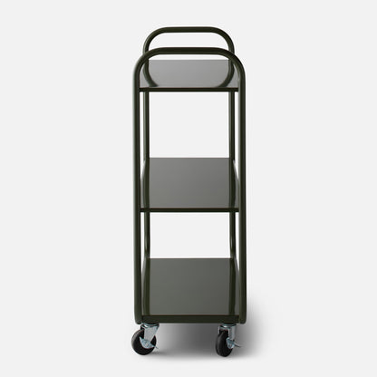 Front view of Miller Storage Cart in Alder Gloss with three shelves, tubular handles and locking caster wheels