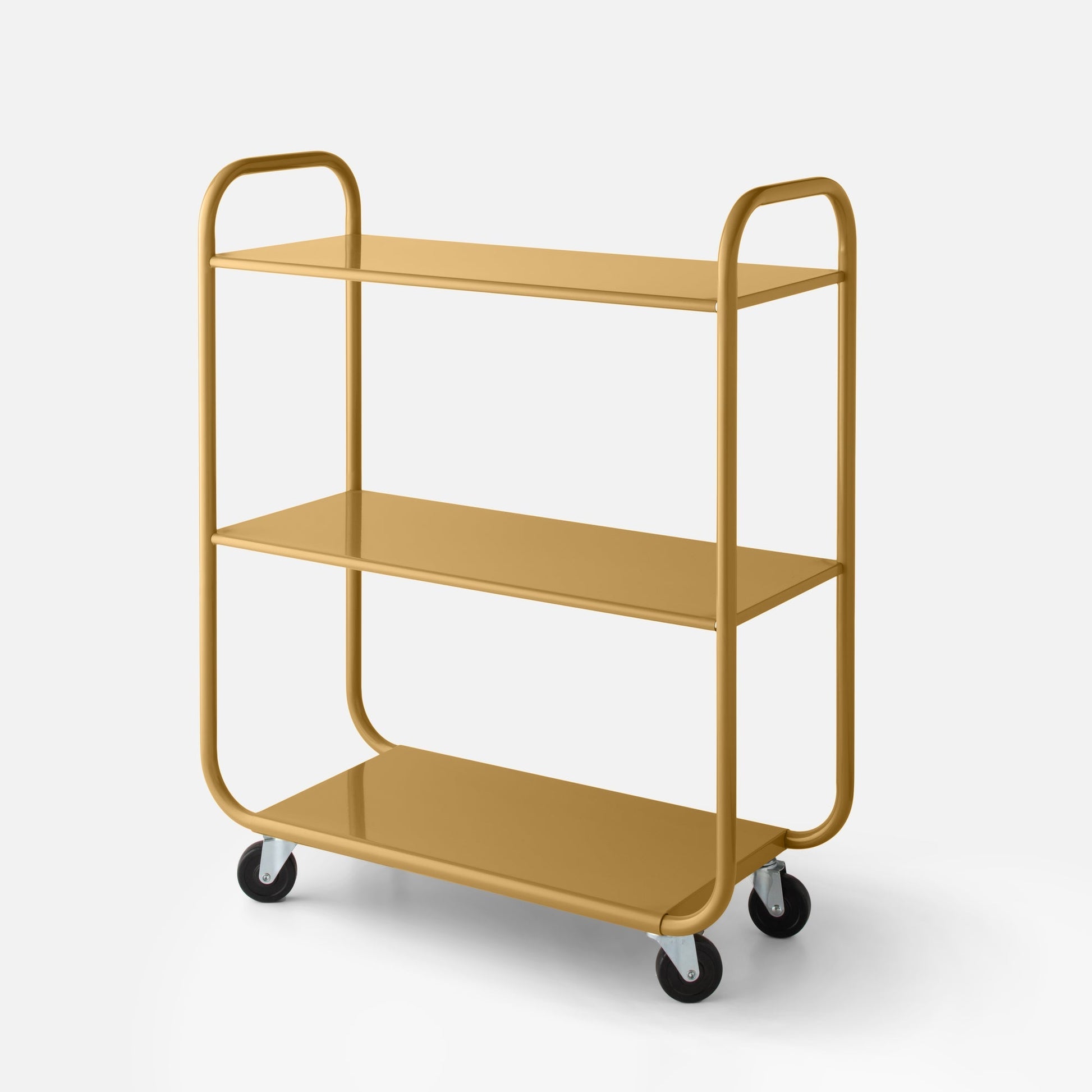 Close-up of Miller Storage Cart showcasing three gloss Dune shelves, rounded frame and caster wheels on white background