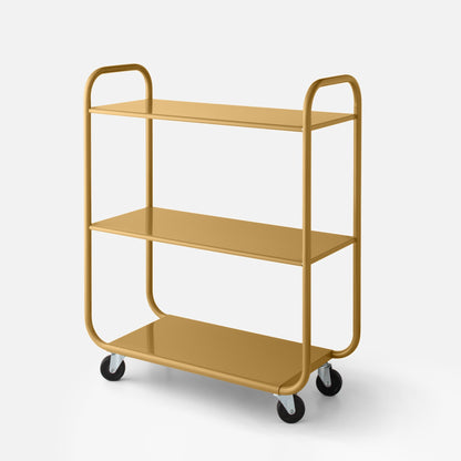 Close-up of Miller Storage Cart showcasing three gloss Dune shelves, rounded frame and caster wheels on white background