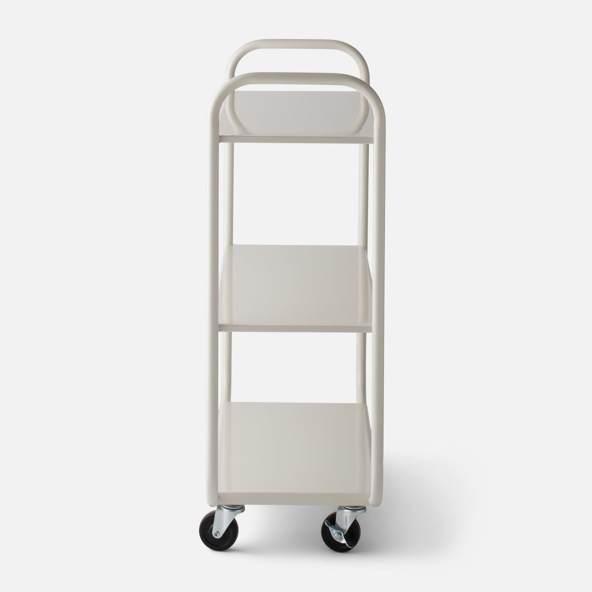 Front view of Miller Storage Cart showing three shelves, rounded tubular frame, and swivel casters on a white background