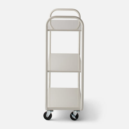 Front view of Miller Storage Cart showing three shelves, rounded tubular frame, and swivel casters on a white background