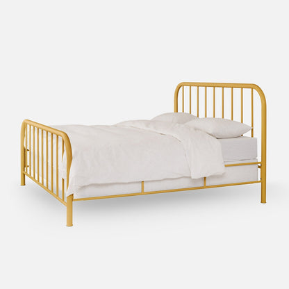Three quarter view of Hamilton Bed with mustard yellow metal frame, rounded headboard and spindles on white background