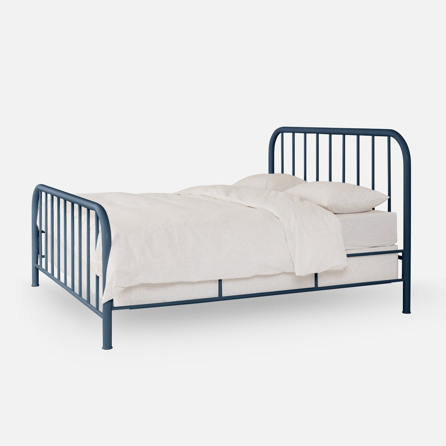 Three-quarter view of Hamilton Bed in blue metal showcasing rounded spindled headboard and footboard with white bedding on light gray background