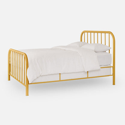 Three quarter view of Hamilton Bed showing yellow metal frame with slatted headboard and footboard on light background
