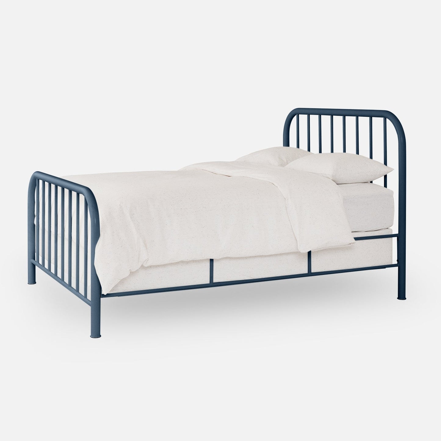Angled front view of Hamilton Bed showcasing navy metal slatted headboard and footboard with white bedding on plain light background