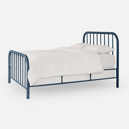 Angled front view of Hamilton Bed showcasing navy metal slatted headboard and footboard with white bedding on plain light background