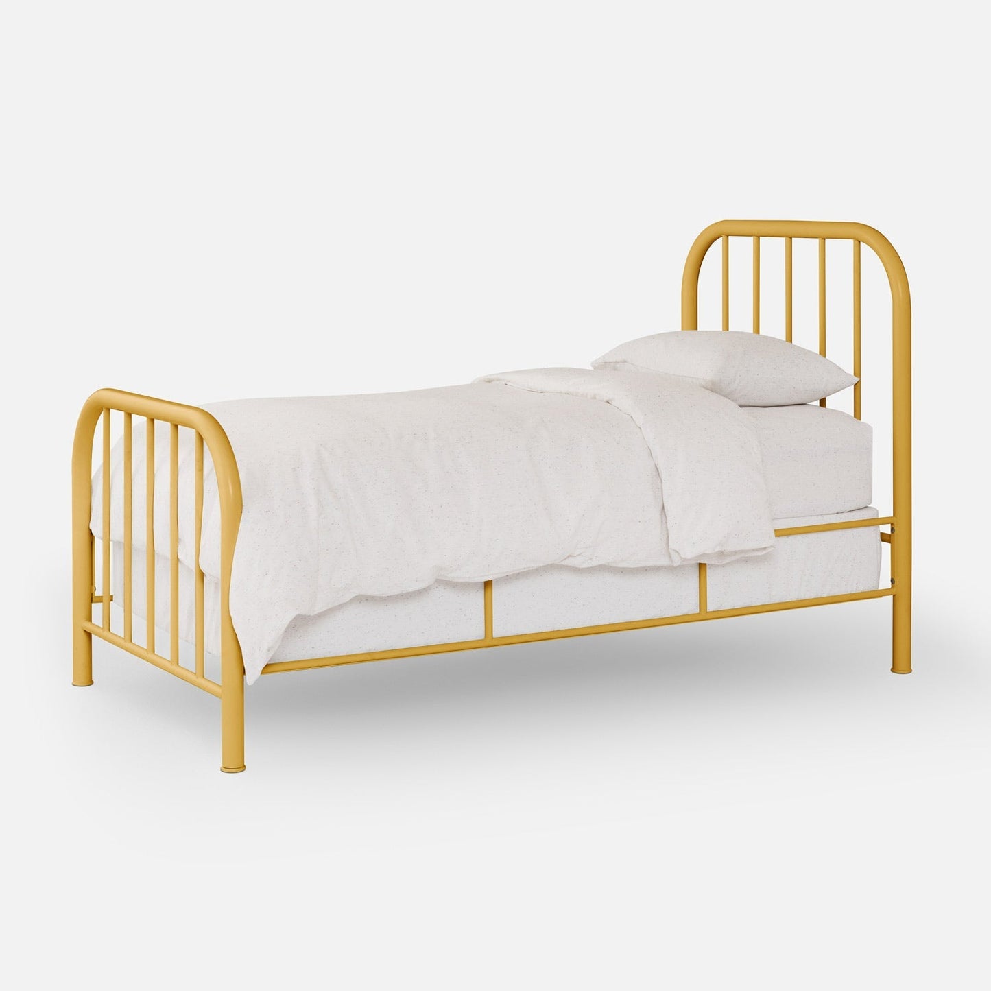 Three-quarter view of Hamilton Bed showing yellow metal tubular frame with curved slatted headboard and footboard on white background